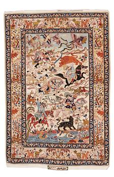 290. A rug, semi-antique/Old Esfahan figural, signed, ca 154,5 x 106,5 cm ( ca 2,5-3,5 cm flat weave at the ends).