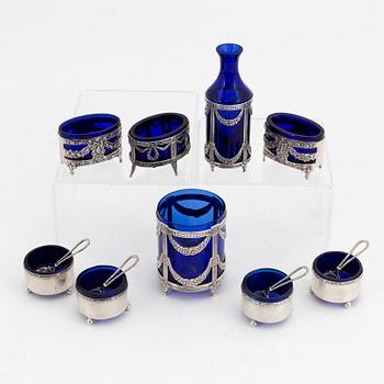 An 8-piece glass and silver late Gustavian style condiment set, including MEMA, Linköping, 1967.