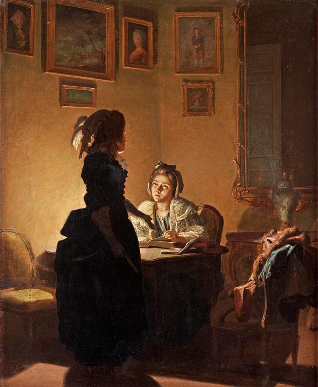 Pehr Hilleström, ”Ett fruent: läser vid ljus och ett annat står och förmanar henne” (Two woman, one reading by the light).