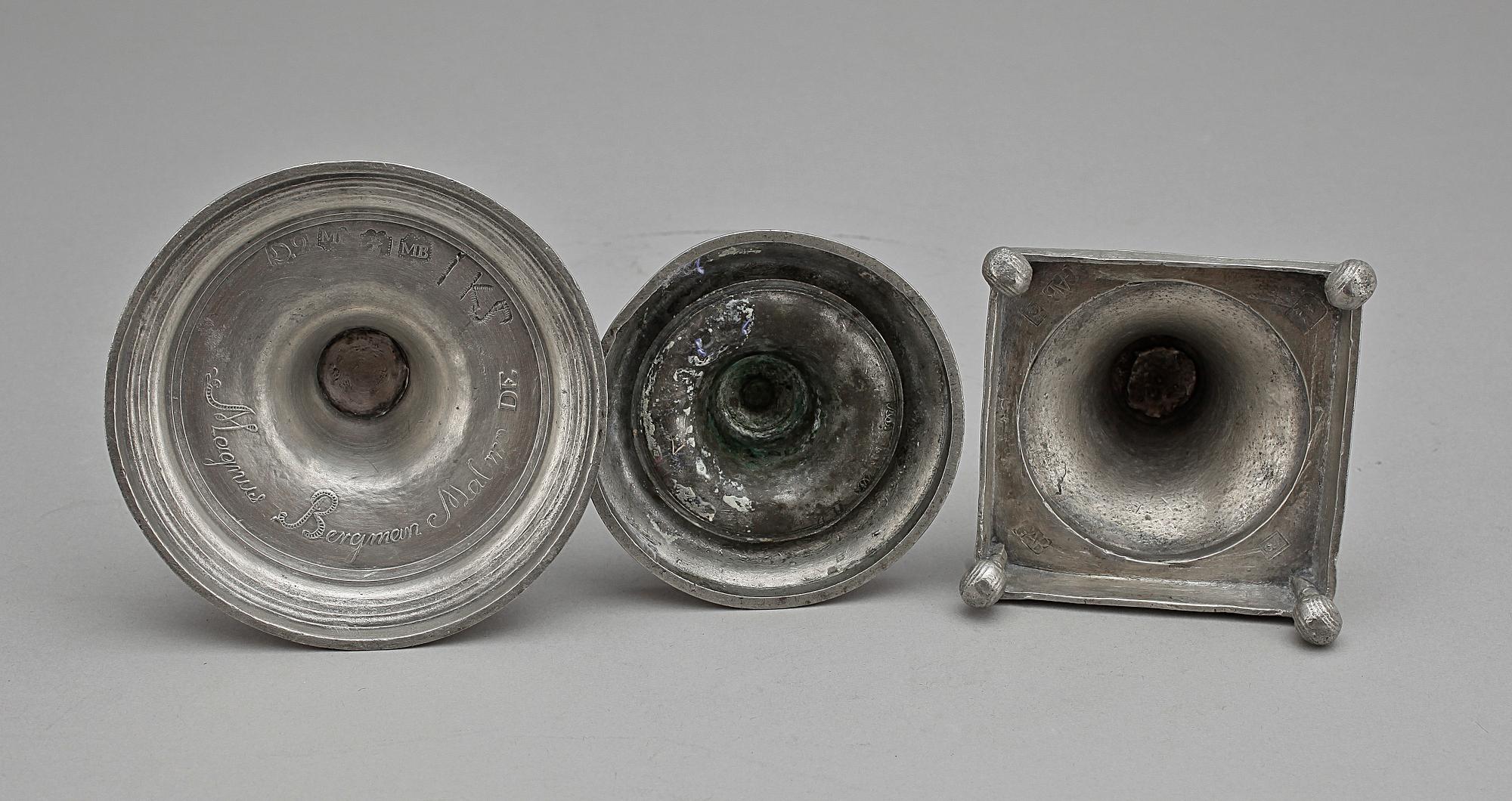 LJUSSTAKAR, 3 st, tenn, bl a Magnus Bergman, Malmö 1800.