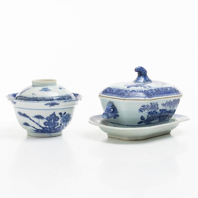 A blue and white butter dish with stand and cover, and a blue and white bowl with cover, China, Qianlong (1736-95).