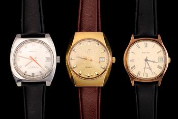 ARMBANDSUR, 3 st, stål och guld på stål, Sandoz, Tell och Ancre, 1900-talets andra hälft.