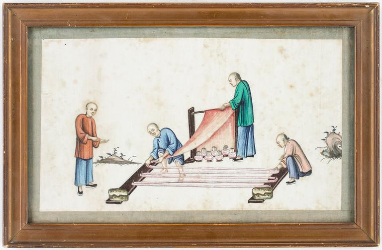 GOUACHER, på rispapper, 3st, Qing, Kina.