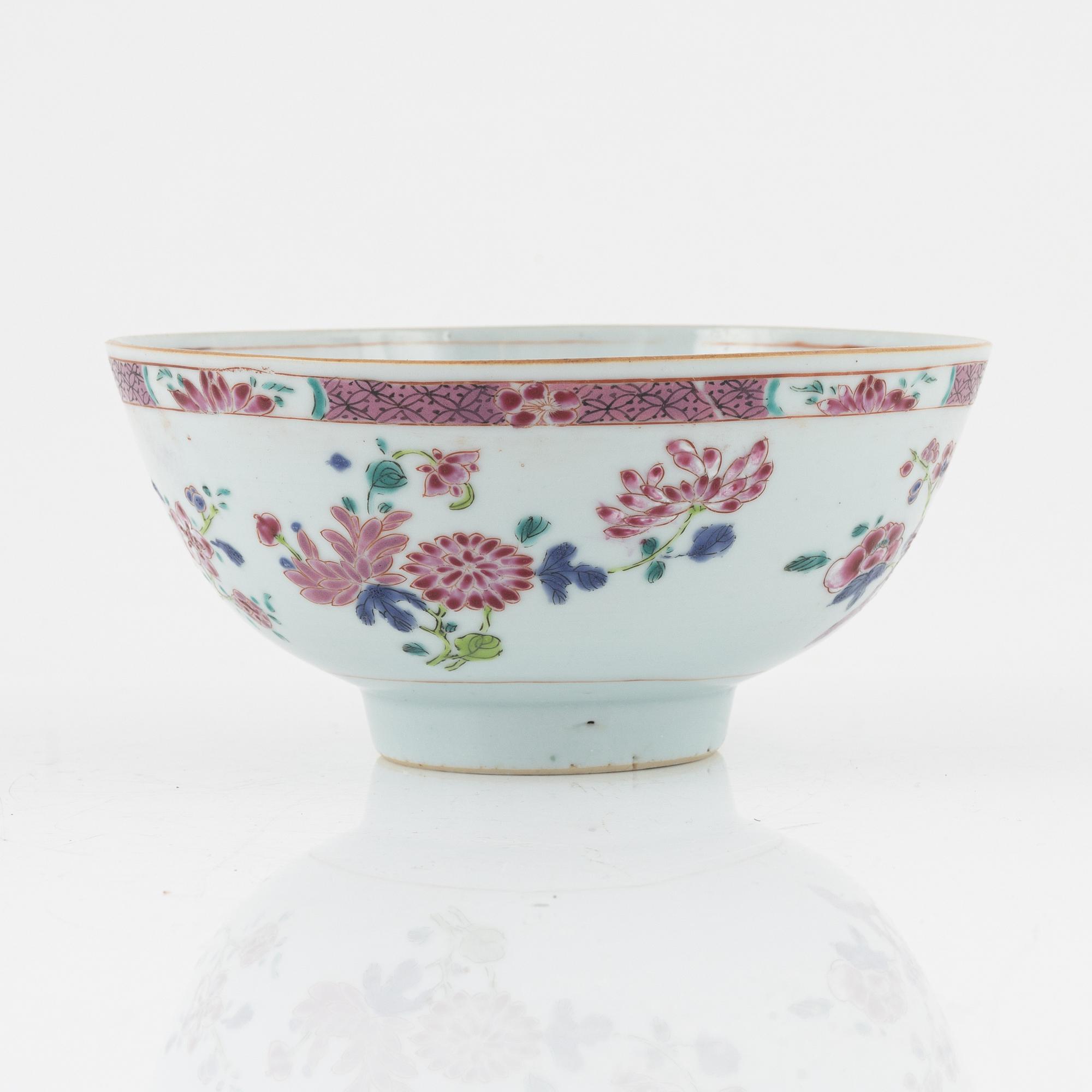 A famille rose dish, sauce boat and bowl, Qing dynasty, 18th Century.
