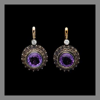 A PAIR OF EARRINGS, 14K (56) gold and silver, amethysts, old cut diamonds. Russian hallmarks. Weight c. 15.4 g.