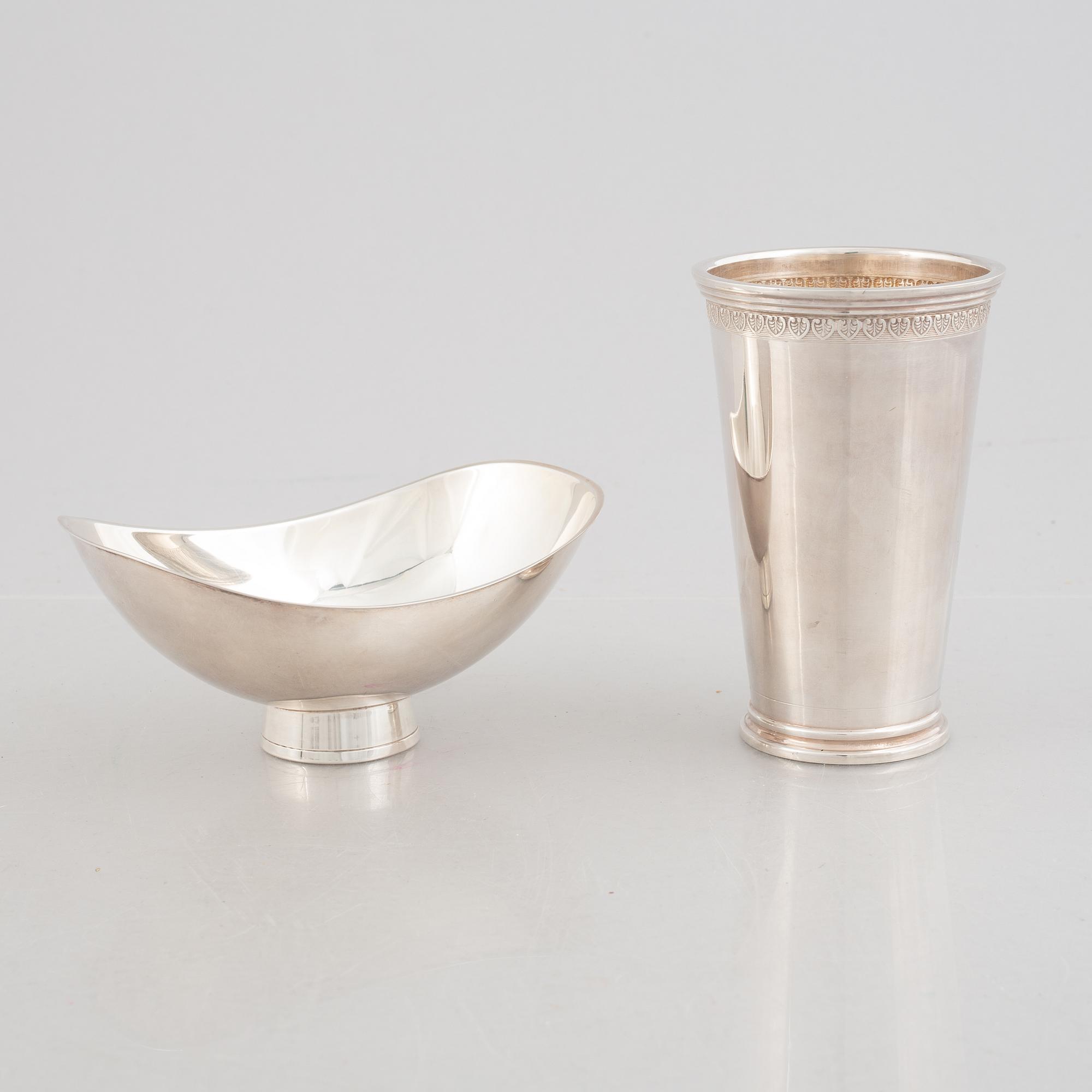 A silver bowl and a beaker, including Gustaf Janson, CG Hallberg, Stockholm 1957.