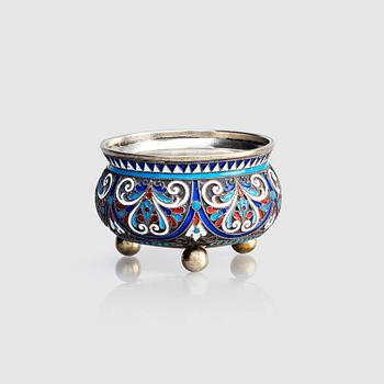 295. A Russian cloisonné enamel, silver salt cellar, mark of Nikolai Aleksejev, Moscow 1893.