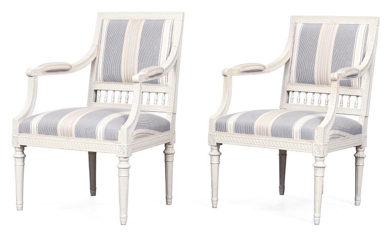 Two similar Gustavian armchairs.