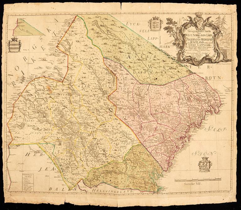 Johan Törnsten, map of middle Norrland Sweden, hand colored copper engraving, Stockholm 1771.