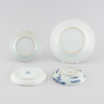 Three small plates and one plate in blue and white, Qing dynasty, 18th and 19th cenutry.
