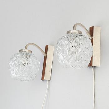 CARL FAGERLUND, a brass and glass Orrefors wall light, and a pait of wall lamps, unknown designer, 1960/70s.