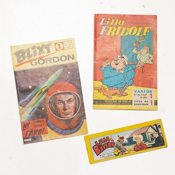 Serietidningar, 18 st, förstautgåvor, bl a "Tomahawk", "Tom Mix", "Hopalong Cassidy", "Lilla Fridolf", "MAD".