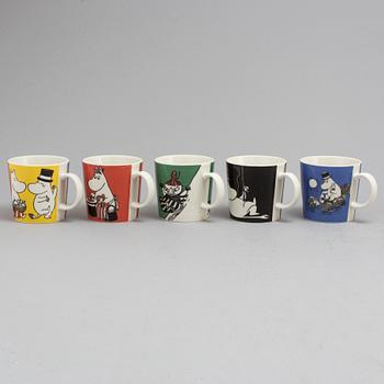 Five porcelain Moomin Characters mugs from Arabia, Finland.