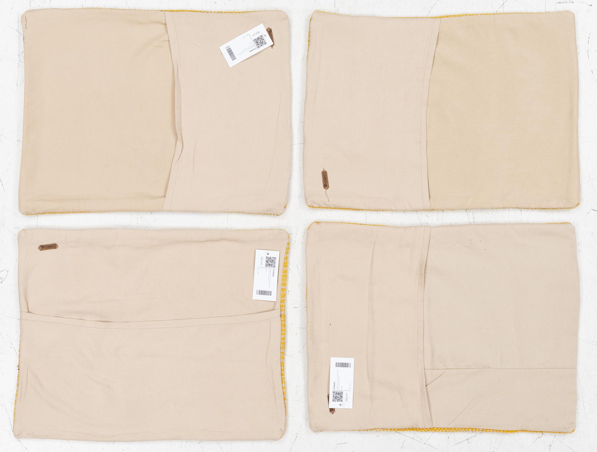 Four cushion covers, hand-embroidered Kelim, c. 45 x 60 cm.