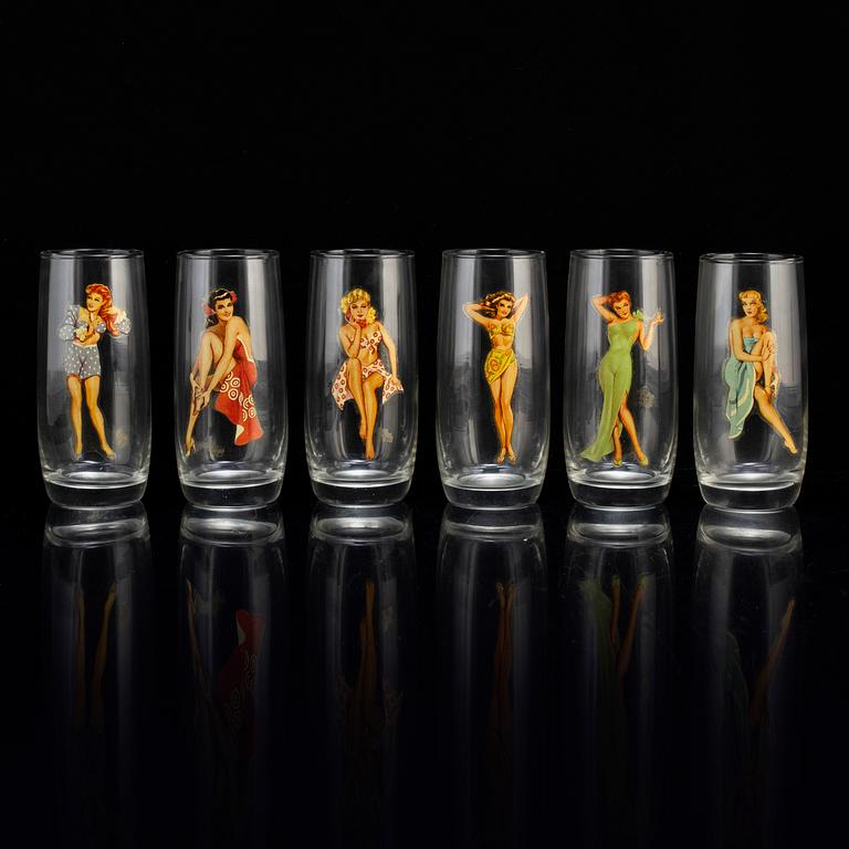 Six second half of the 20th century glasses with pictures of pinup girls.