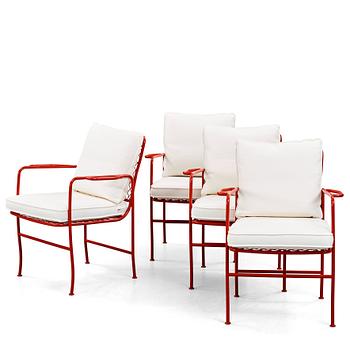 JOSEF FRANK, a set of four steel garden chairs, model 591, lacquered in red, Firma Svenskt Tenn.