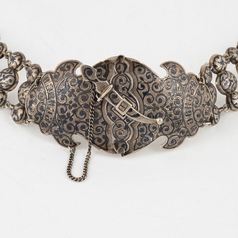 A silver and niello belt, unidentified Russian maker's mark, circa 1900.