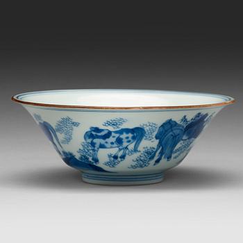 459. A blue and white bowl with 'General Mu's eight horses', Transition, 17th Century, with Jiajing six character mark.