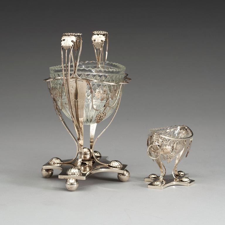 A set of six Danish silver and glas sugar-bowls and salts, marks of Mogens Klarschow, Copenhagen 1821.