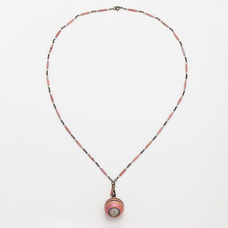Halsband med klocka, silver och emalj. Tidigt 1900-tal.