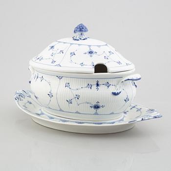 A 'Blue Fluted Plain' / 'Musselmalet' tureen with cover and stand, Royal Copenhagen, 19th century, stand 20th century.