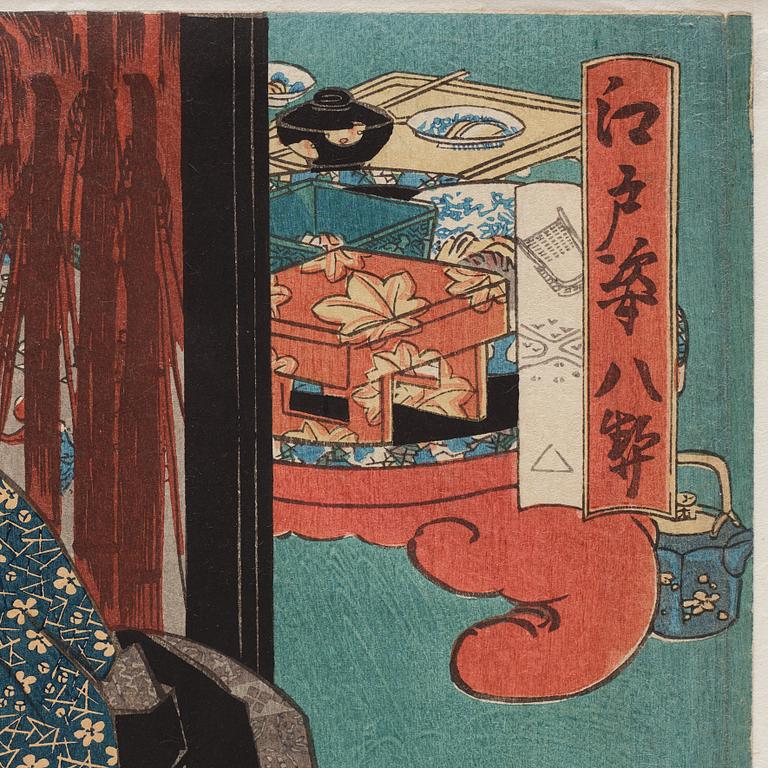 UTAGAWA KUNISADA, även kallad Toyokuni III (1786-1864), triptyk, färgträsnitt. Japan, Eight Views of Edo Figures".