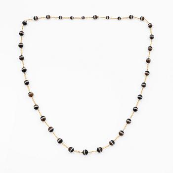 Necklace, 14K gold with banded agates.