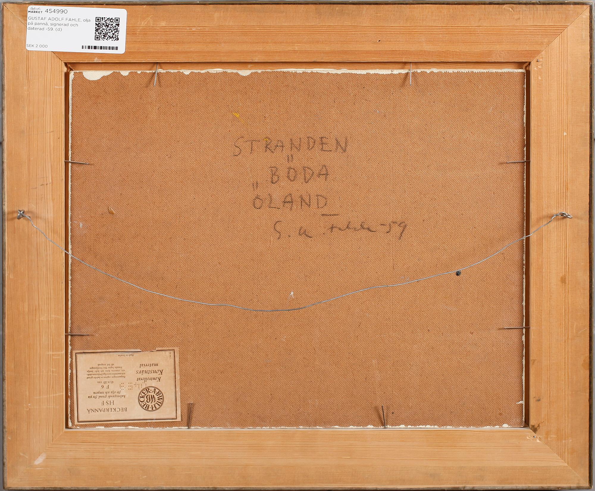 GUSTAF ADOLF FAHLE, olja på pannå, signerad och daterad -59.