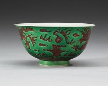 A green and aubergine glazed dragon bowl, Qing dynasty, with Kangxis six character mark and period (1662-1722).