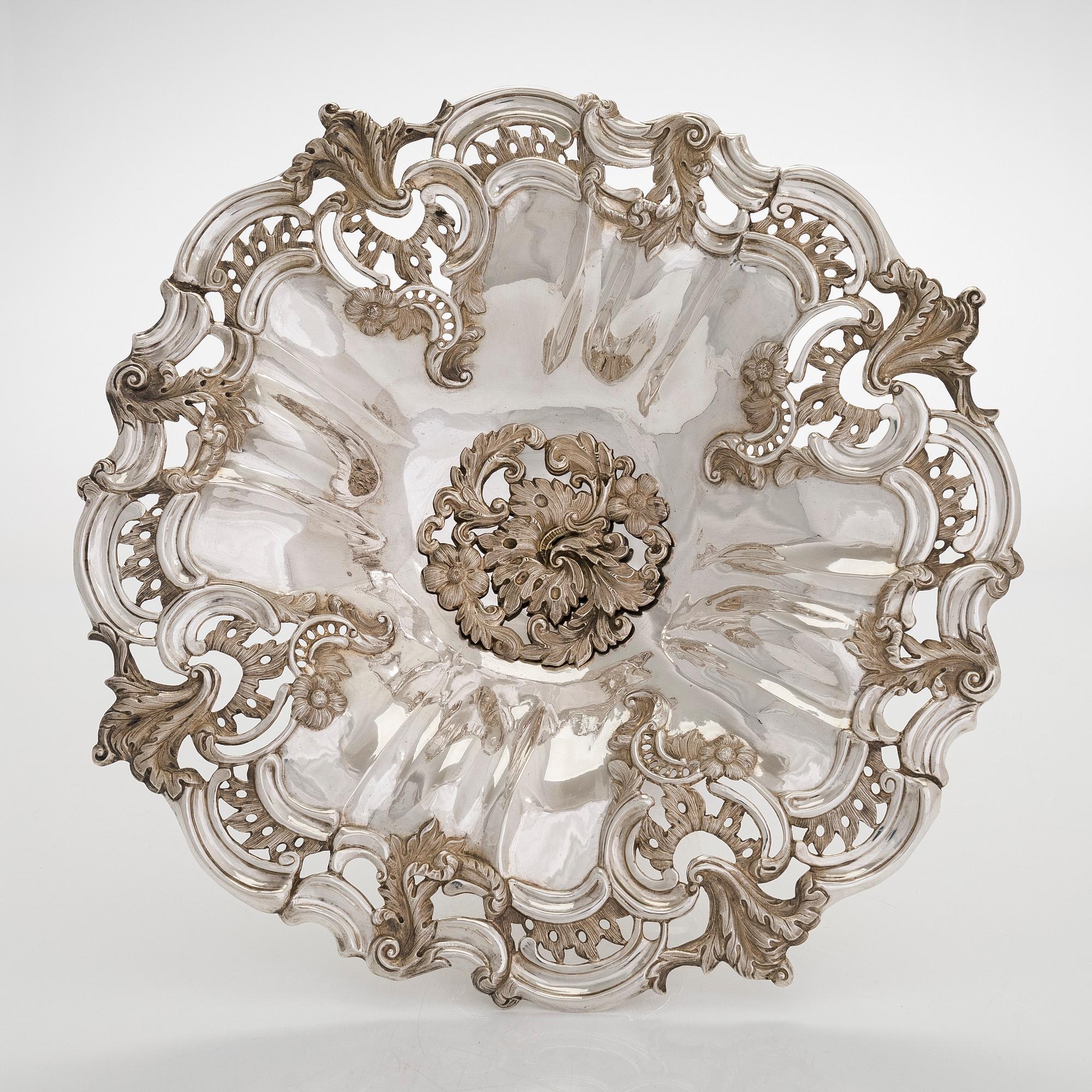 A silver centerpiece bowl, neo-Rococo, Gustav Möllenborg, Stockholm 1848.