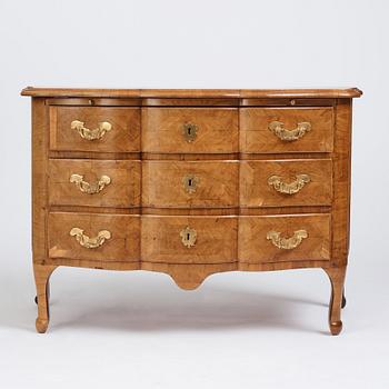 A late Baroque walnut-veneered chest of drawers attributed to J. H. Fürloh (master in Stockholm 1724-1745).