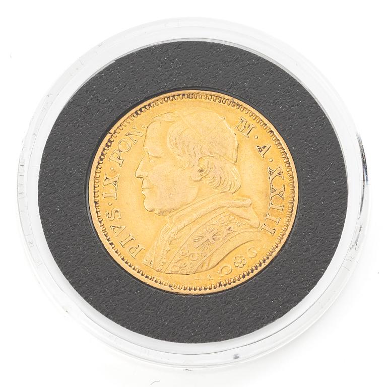 Guldmynt, Vatikanstaten, Pius IX, 20 Lire, 1868.