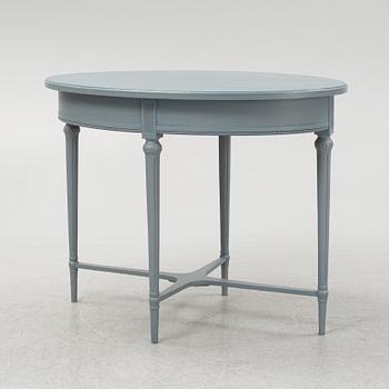 A painted sofa, table, a pair of chairs, a pair of armchairs, a pair of stools, Gustavian style, 20th Century.