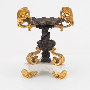 A presumably Italian gilt, patinated bronze, and marble Empire style tazza, late 19th century.