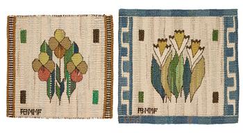 202. Märta Måås-Fjetterström, textiles, 2 pcs., "Blomlapp", tapestry weave, "Pingstlilja" ca 28,5 x 29,5 cm, "Pensé" ca 25,5 x 26 cm, signed AB MMF.