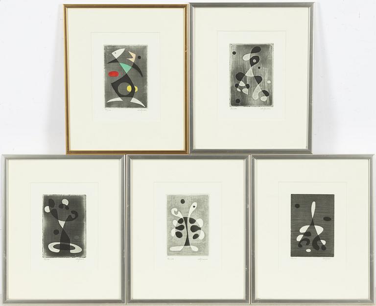 Pierre Olofsson, etchings, 5 pcs, signed and numbered.