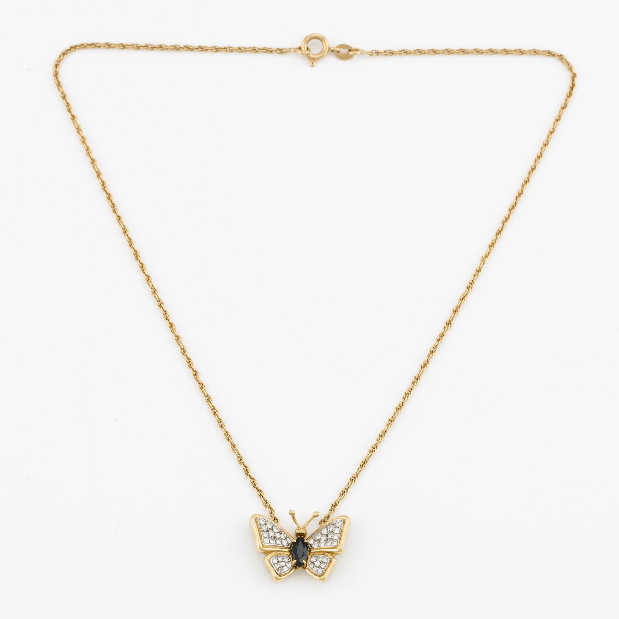Necklace, butterfly, 18K gold with blue sapphire and brilliant-cut diamonds.
