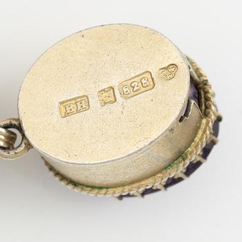 Garniture, necklace and bracelet silver with amethysts, brooch gold-coloured metal with purple paste stones,