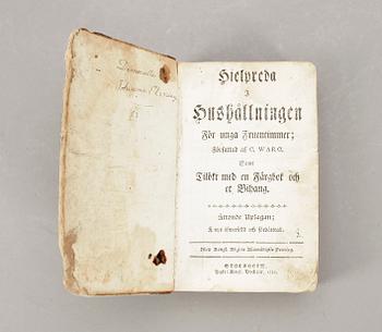 KOKBOK, "Hjelpreda i hushållningen för unga fruentimmer" av Cajsa Warg, 8:e upplagan, 1780-tal.