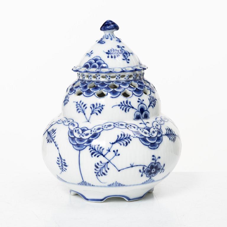Royal Copenhagen, A 'Blue Fluted' full lace porcelain potpurri urn with cover, model 1/1186, Denmark, 1889-1922.