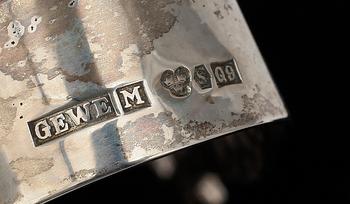KAFFESKEDAR samt SOCKERTÅNG, 13 delar, silver, GEWE Silvervarufabriken AB, Malmö 1967-68. Tot VIKT ca 159 g.