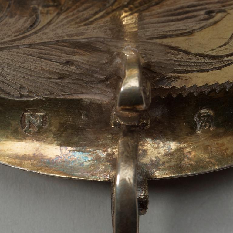 A German mid 17th century parcel-gilt sweetmeat-dish, unidentified makers mark, Nürnberg 1645-1651.