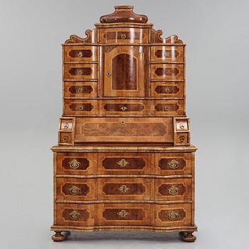 A South German late Baroque walnut and burr-walnut writing cabinet, first part of the 18th century.