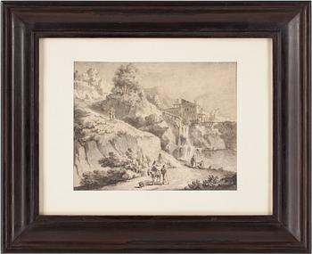 Cornelis Visscher Attributed to, An Italian landscape with travellers on  path.