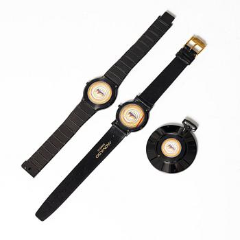 Yaacov Agam, Movado, "Rainbow", Two wrist watches, a table clock and a pocket watch.