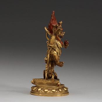 A Sinotibetan lacquered and gilt bronze figure of Takini Sinihavaktra, Qing dynasty, 19th Century or older.