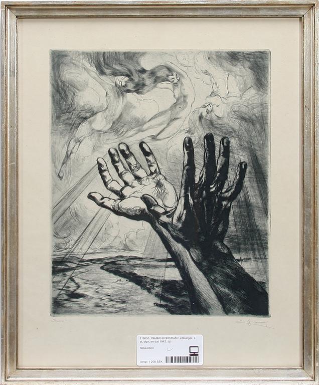 OKÄND KONSTNÄR, etsningar, 4 st, sign, en dat 1942.