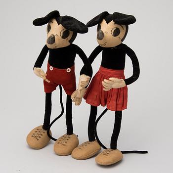 A pair of dolls, Mickey Mouse and Minnie Mouse, 1930s.