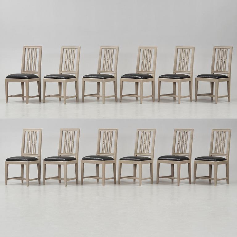 Twelve late Gustavian late 18th century chairs.