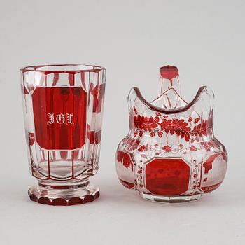 A Bohemian glass jug and glass, 19th century.